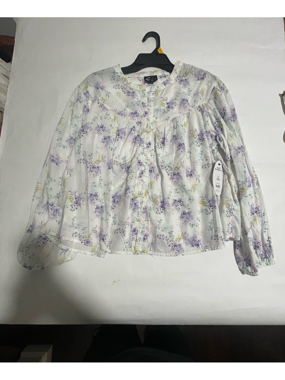 Scoop White Floral V-Neck Long Sleeve Button Woven Cotton Blouse Small 4-6